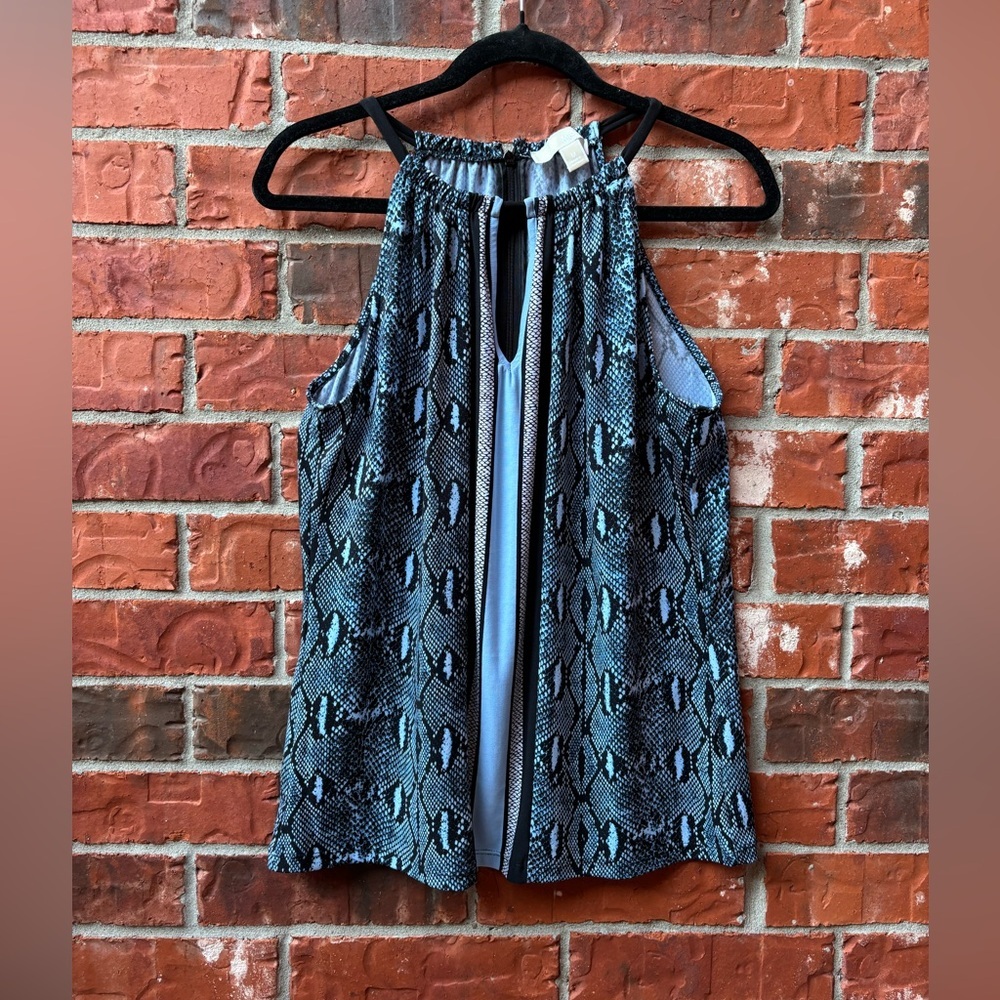 Michael Kors Womens Medium Blue Animal Print Reprile Keyhole Sleeveless Top